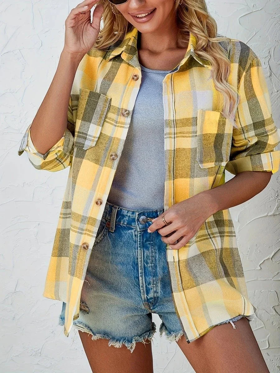 Women's Long Sleeve Shirt | Oversized Plaid Button Front