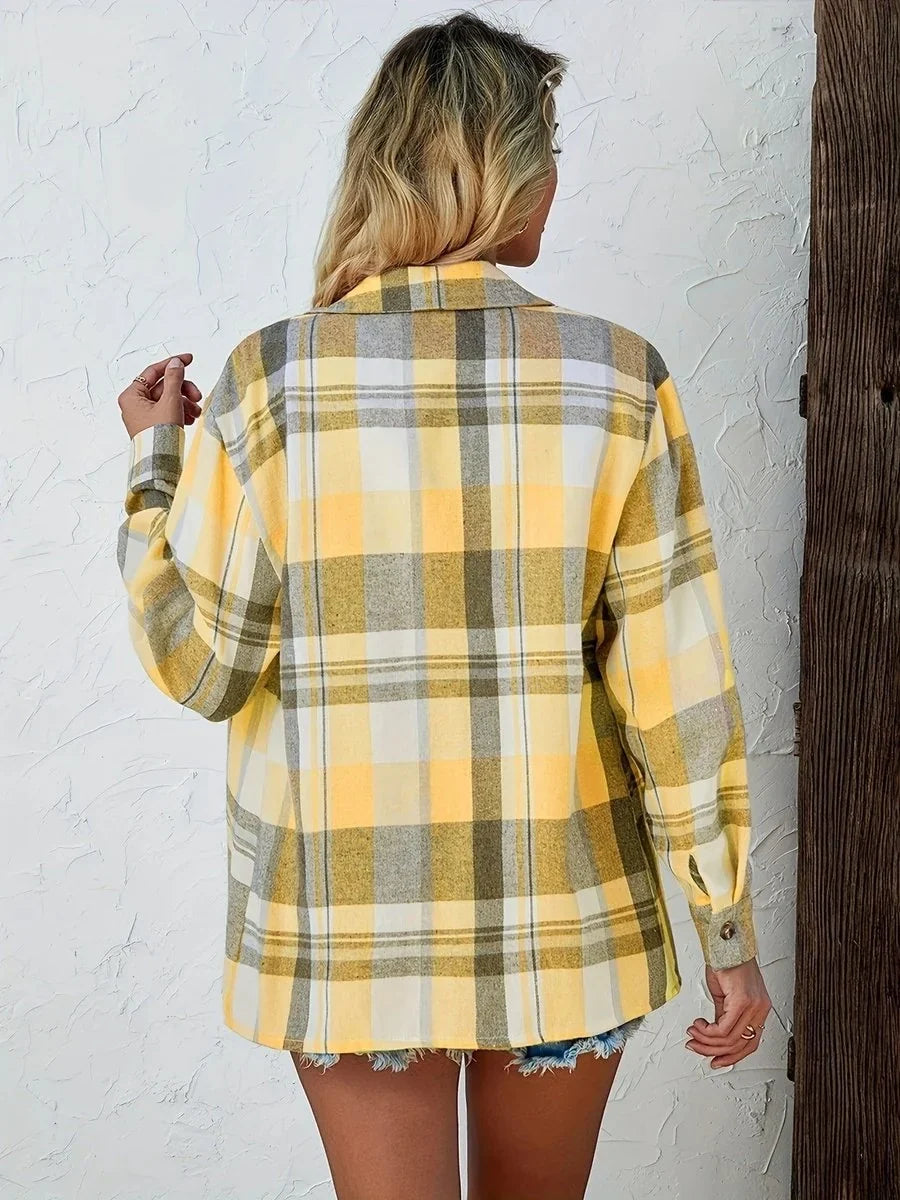 Women's Long Sleeve Shirt | Oversized Plaid Button Front