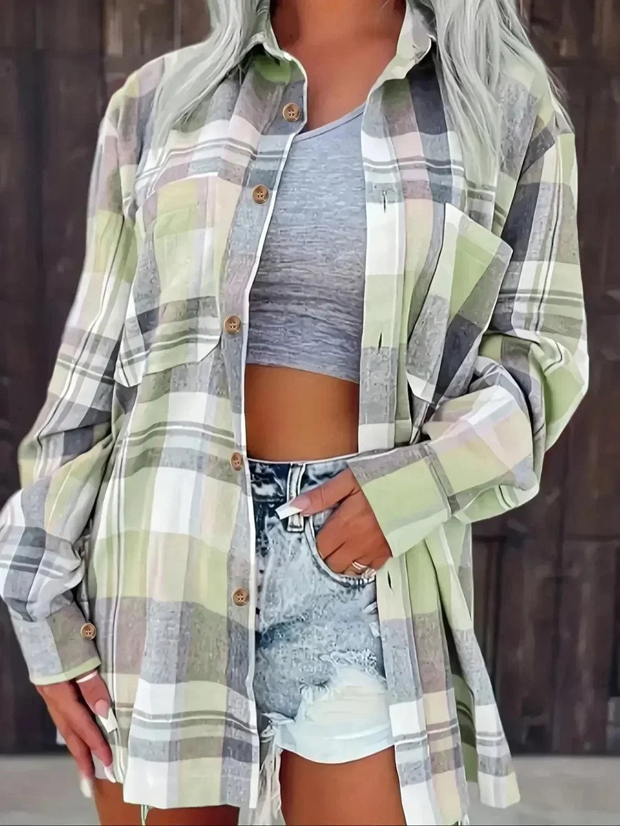 Women's Long Sleeve Shirt | Oversized Plaid Button Front