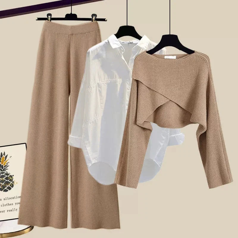 Women's Maternity Pants | Wide Leg Knit Set with Cropped Sweater and Shirt