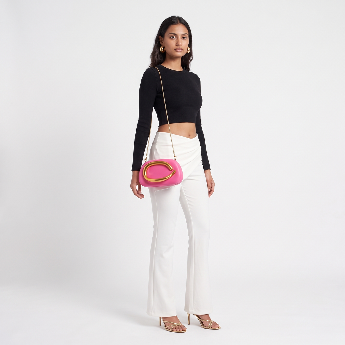 Oval Box Clutch for Women, Hot Pink Gold C Bar Chain Evening Bag