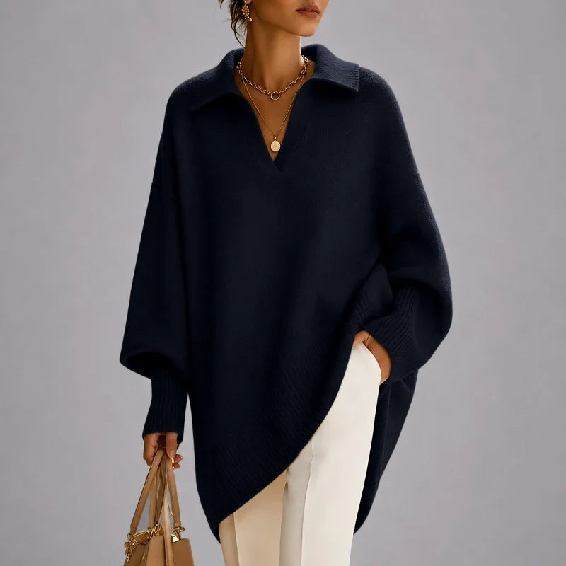 Women's Oversized Sweater | V-Neck Collared Long Sleeve Poncho