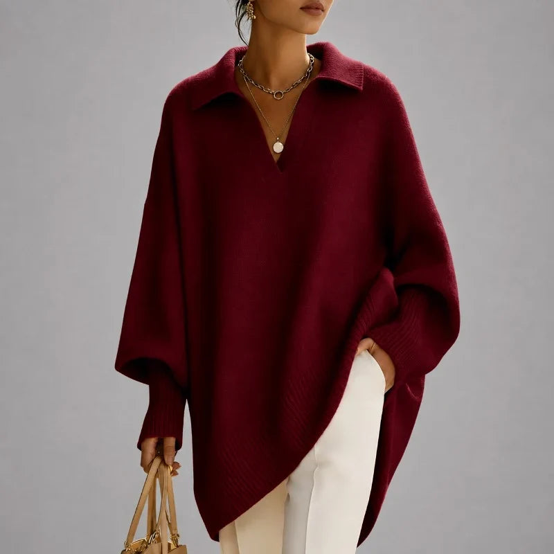 Women's Oversized Sweater | V-Neck Collared Long Sleeve Poncho