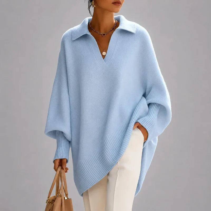 Women's Oversized Sweater | V-Neck Collared Long Sleeve Poncho