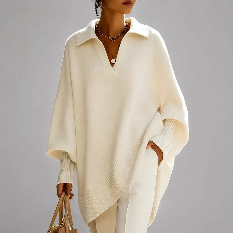 Women's Oversized Sweater | V-Neck Collared Long Sleeve Poncho