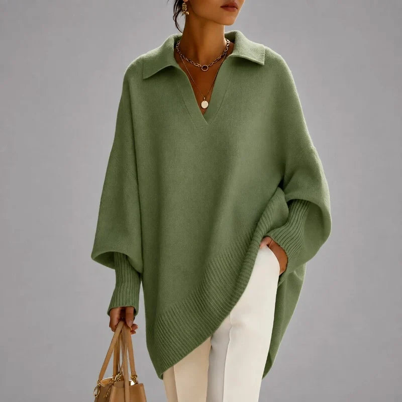 Women's Oversized Sweater | V-Neck Collared Long Sleeve Poncho