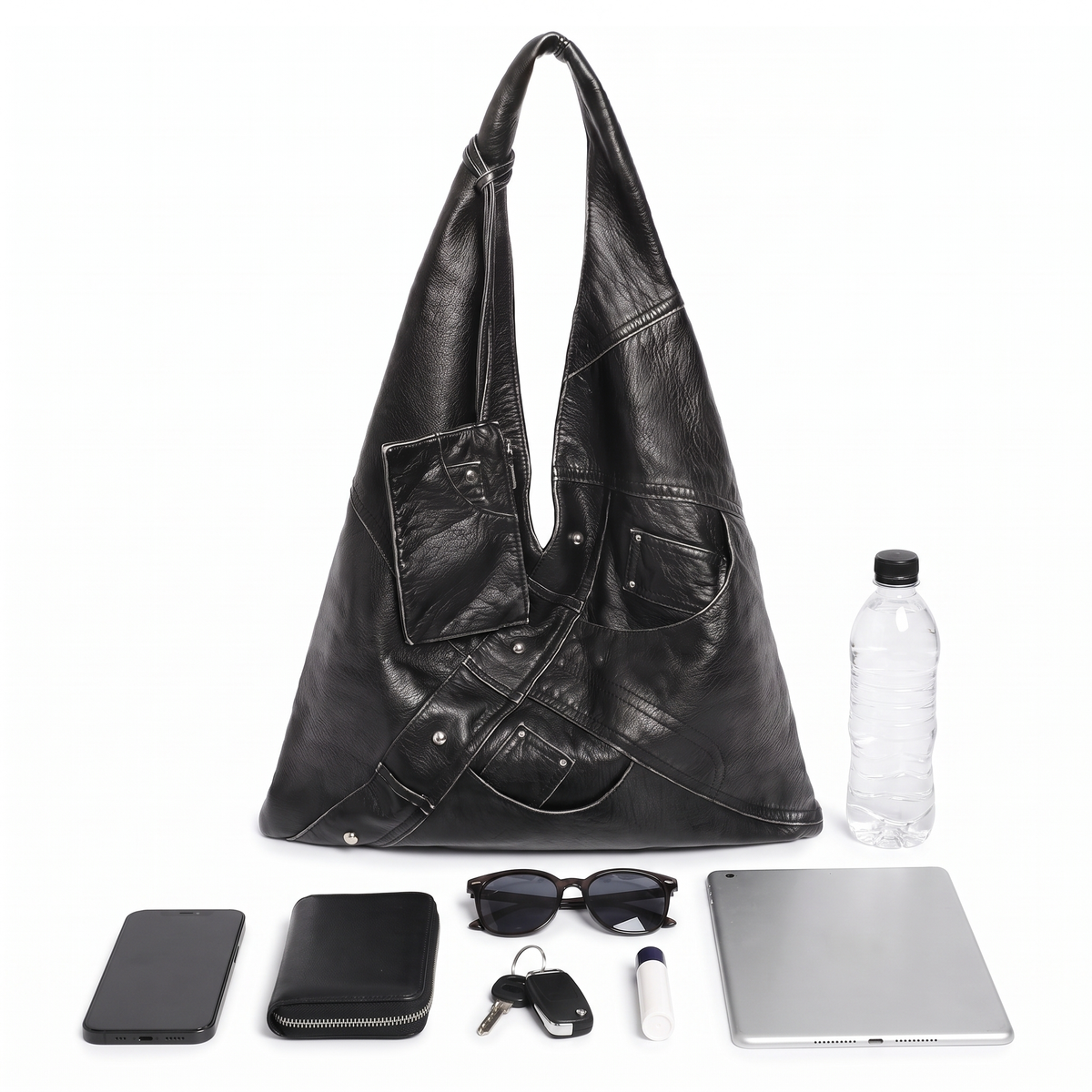 Patchwork Faux Leather Hobo Bag for Women, Black Oversized Triangle Shoulder Bag
