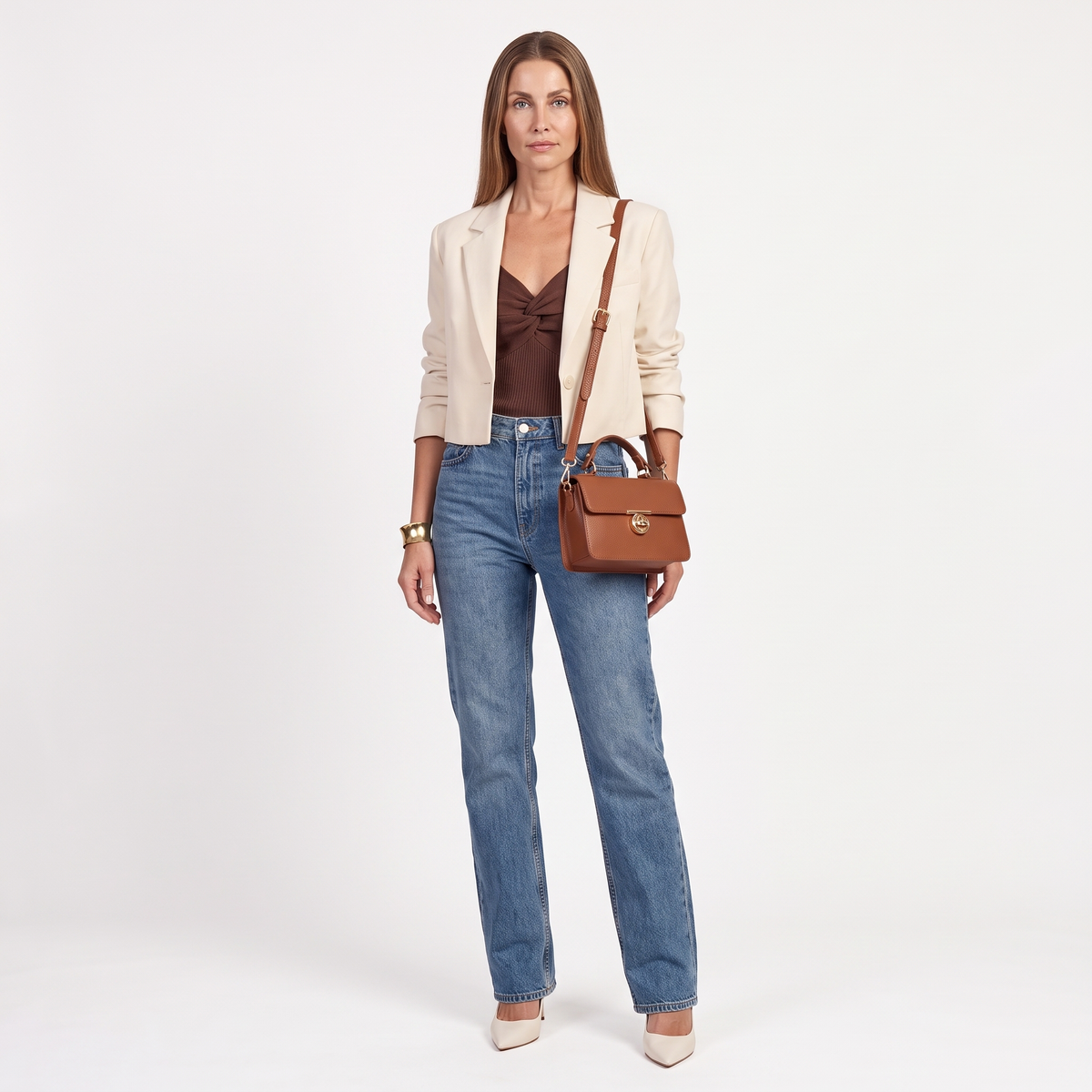 Pebbled Faux Leather Flap Bag for Women, Cognac Turn Lock Top Handle Crossbody