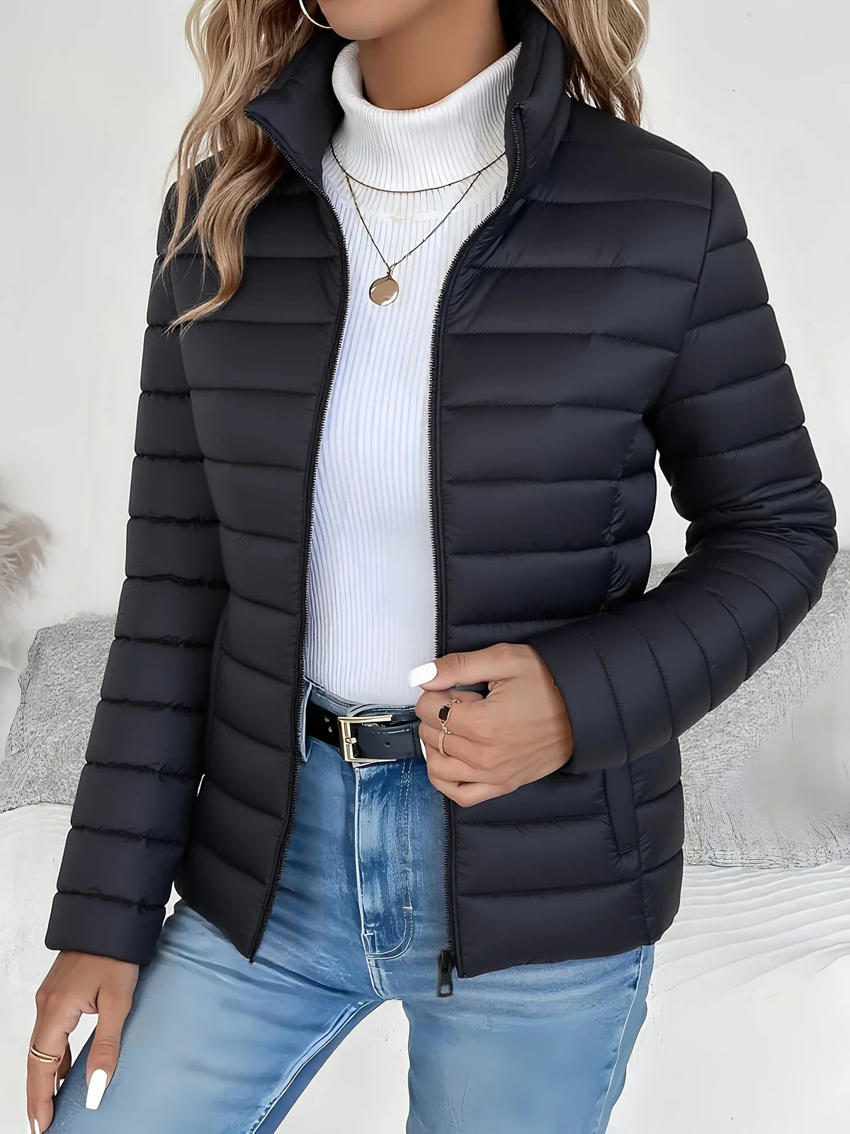 Women's Puffer Jacket | Stand Collar Lightweight Zip Front