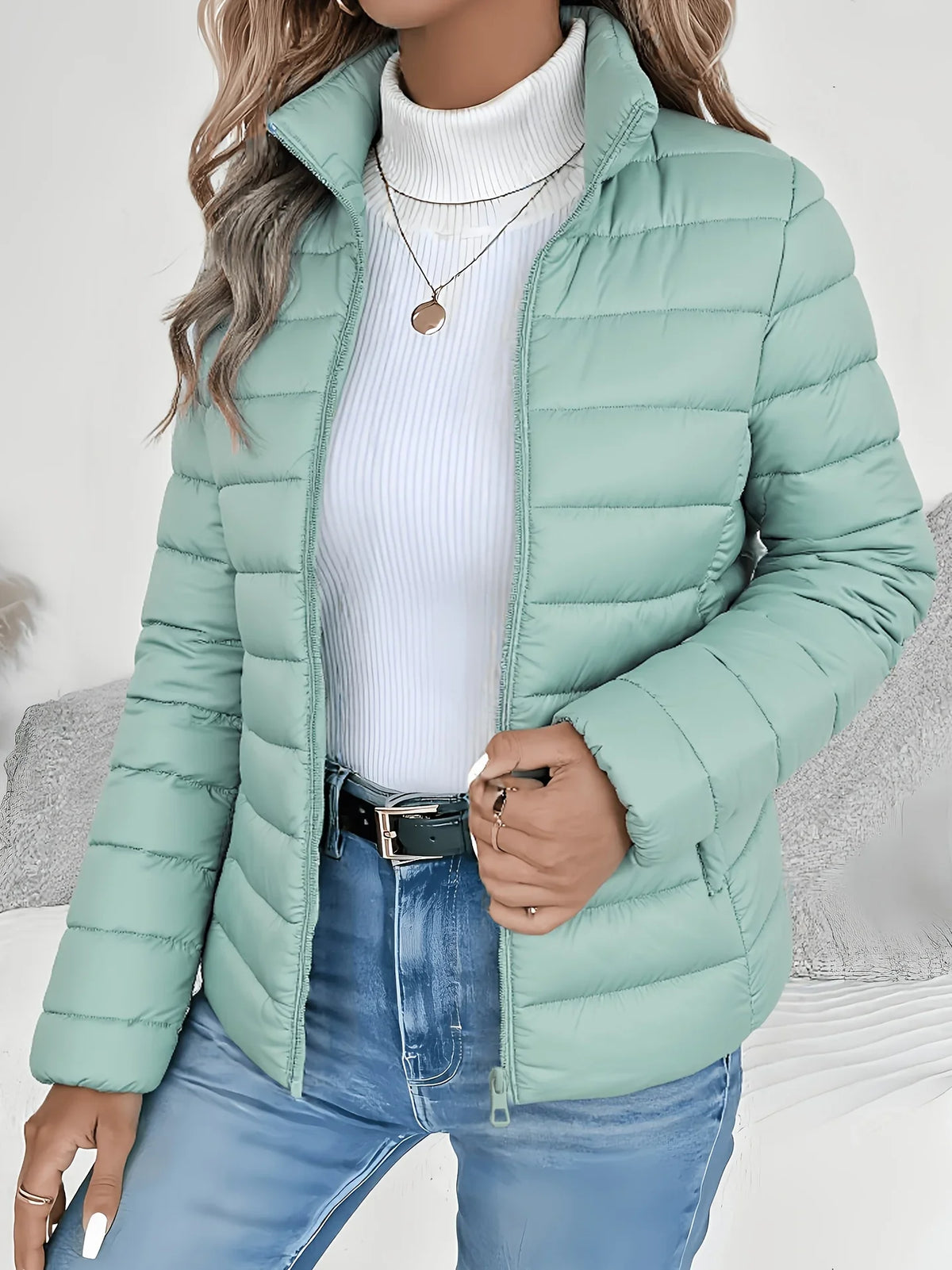 Women's Puffer Jacket | Stand Collar Lightweight Zip Front