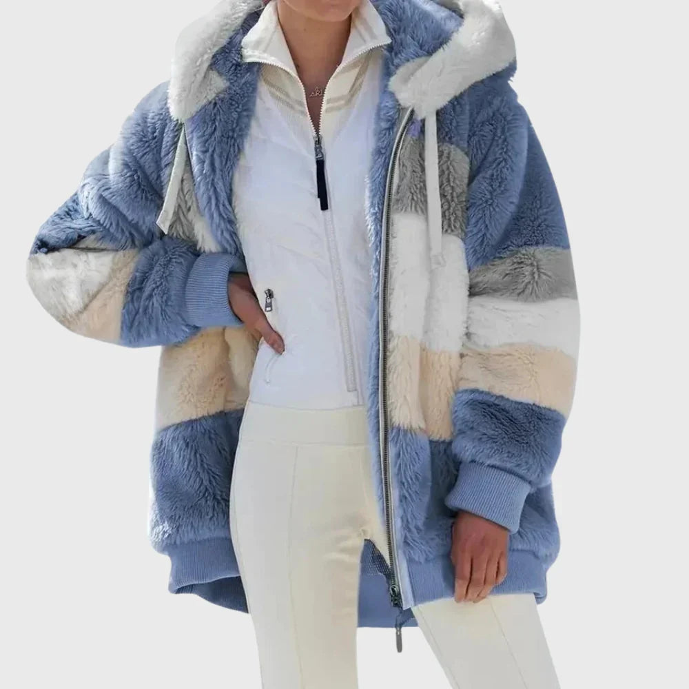 Women's Puffer Jacket | Hooded Multicolor Patchwork Zip-Up