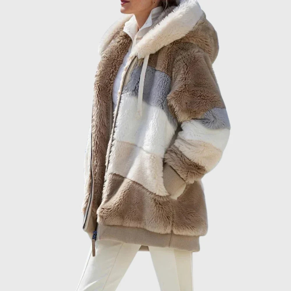Women's Puffer Jacket | Hooded Multicolor Patchwork Zip-Up
