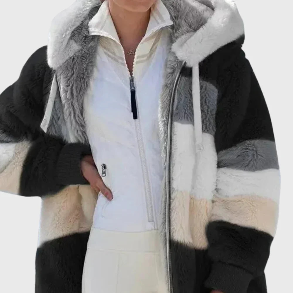Women's Puffer Jacket | Hooded Multicolor Patchwork Zip-Up
