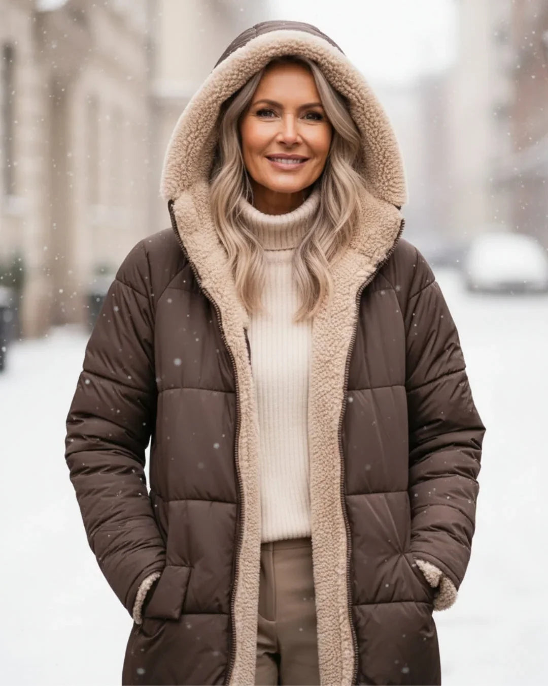 Women's Quilted Coat | Hooded Longline Sherpa Lining