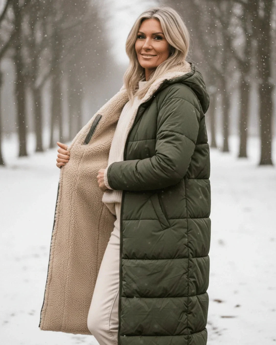 Women's Quilted Coat | Hooded Longline Sherpa Lining