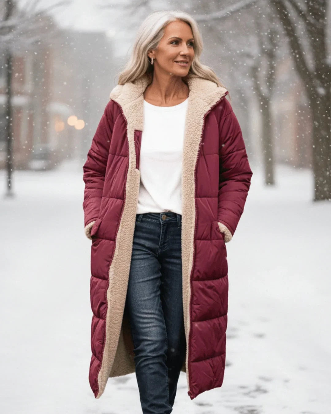 Women's Quilted Coat | Hooded Longline Sherpa Lining