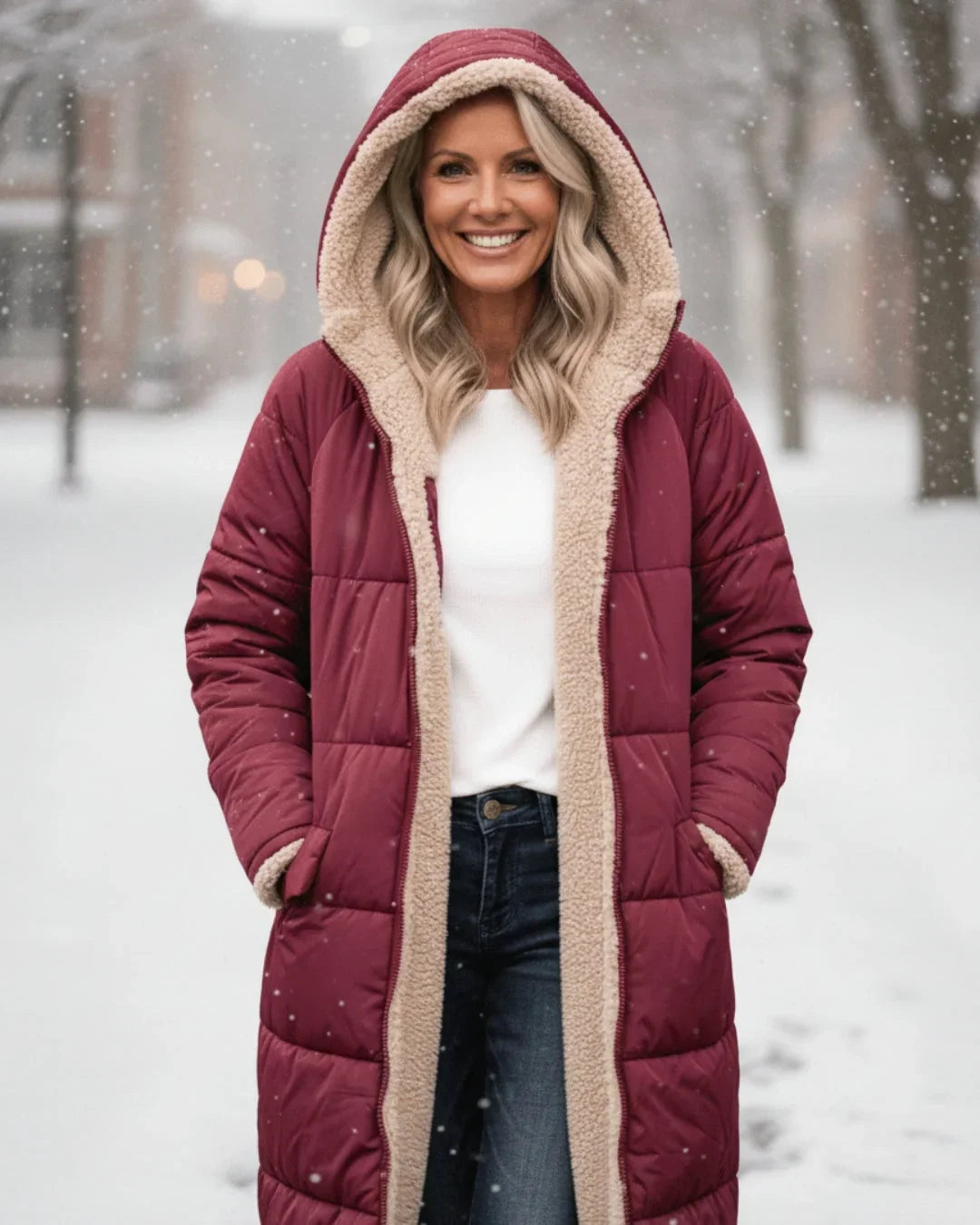 Women's Quilted Coat | Hooded Longline Sherpa Lining
