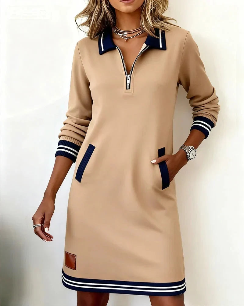 Women's Shirt Dress | Polo Collar Midi with Zip, Pockets and Striped Cuffs