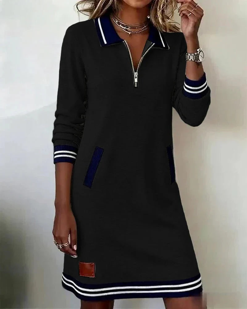 Women's Shirt Dress | Polo Collar Midi with Zip, Pockets and Striped Cuffs