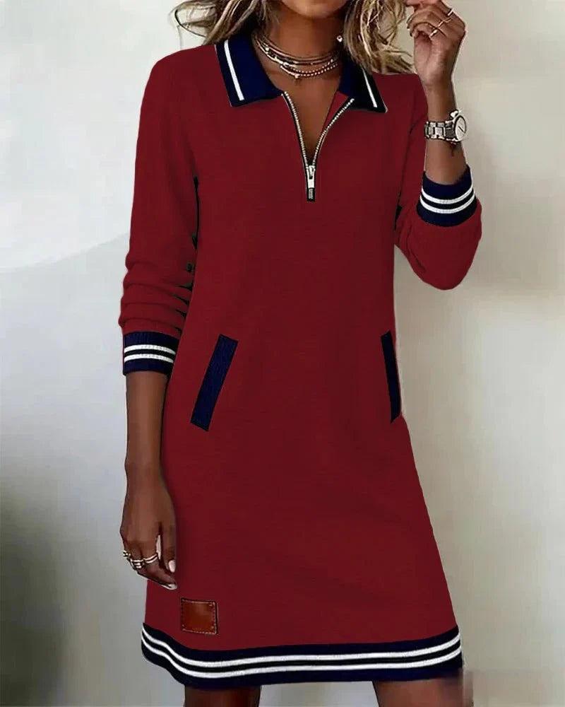 Women's Shirt Dress | Polo Collar Midi with Zip, Pockets and Striped Cuffs