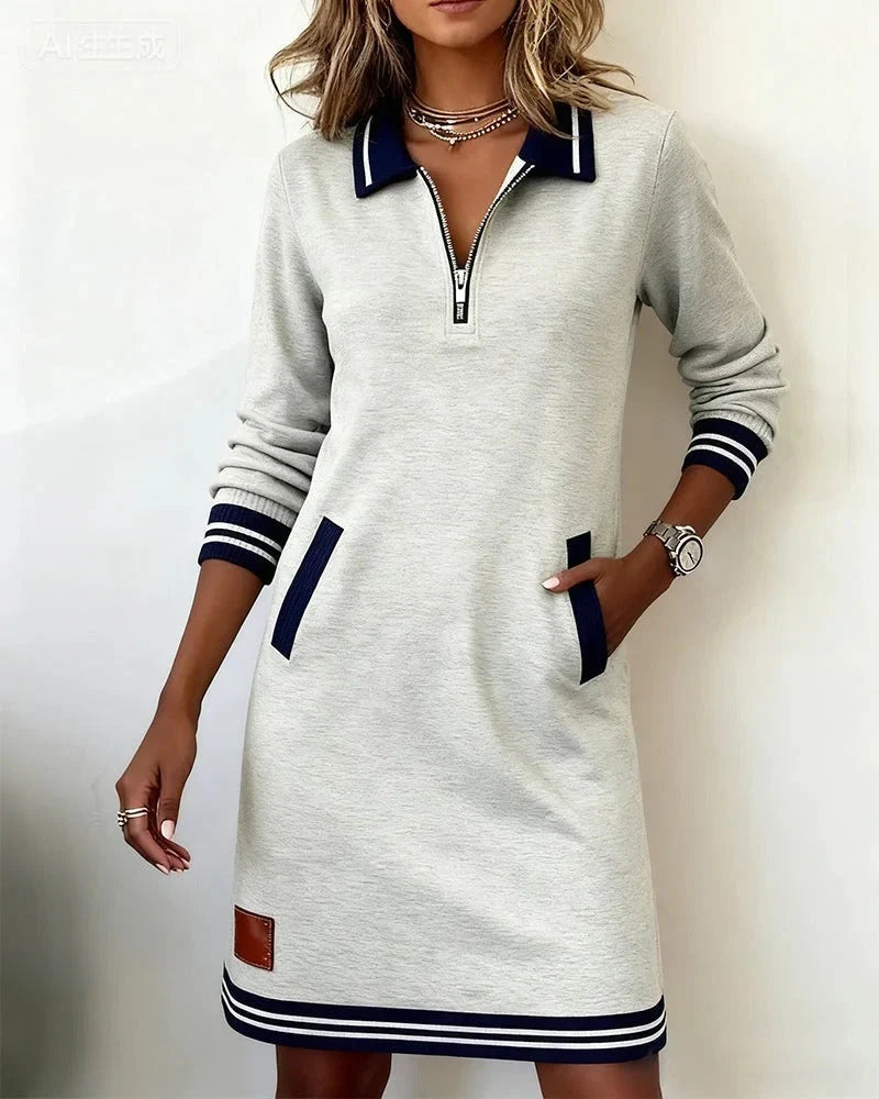 Women's Shirt Dress | Polo Collar Midi with Zip, Pockets and Striped Cuffs