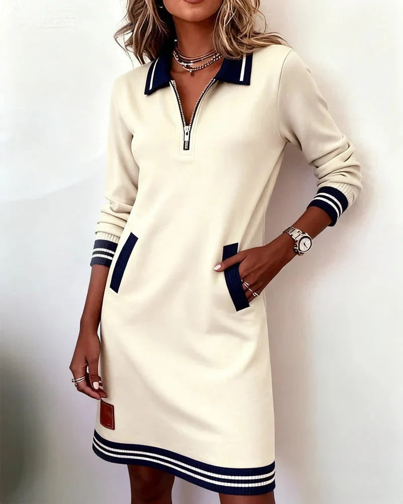 Women's Shirt Dress | Polo Collar Midi with Zip, Pockets and Striped Cuffs