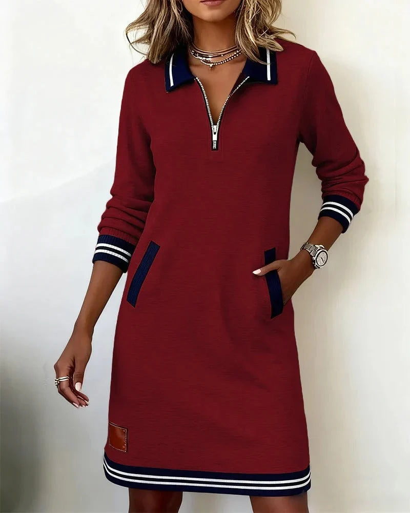 Women's Shirt Dress | Polo Collar Midi with Zip, Pockets and Striped Cuffs