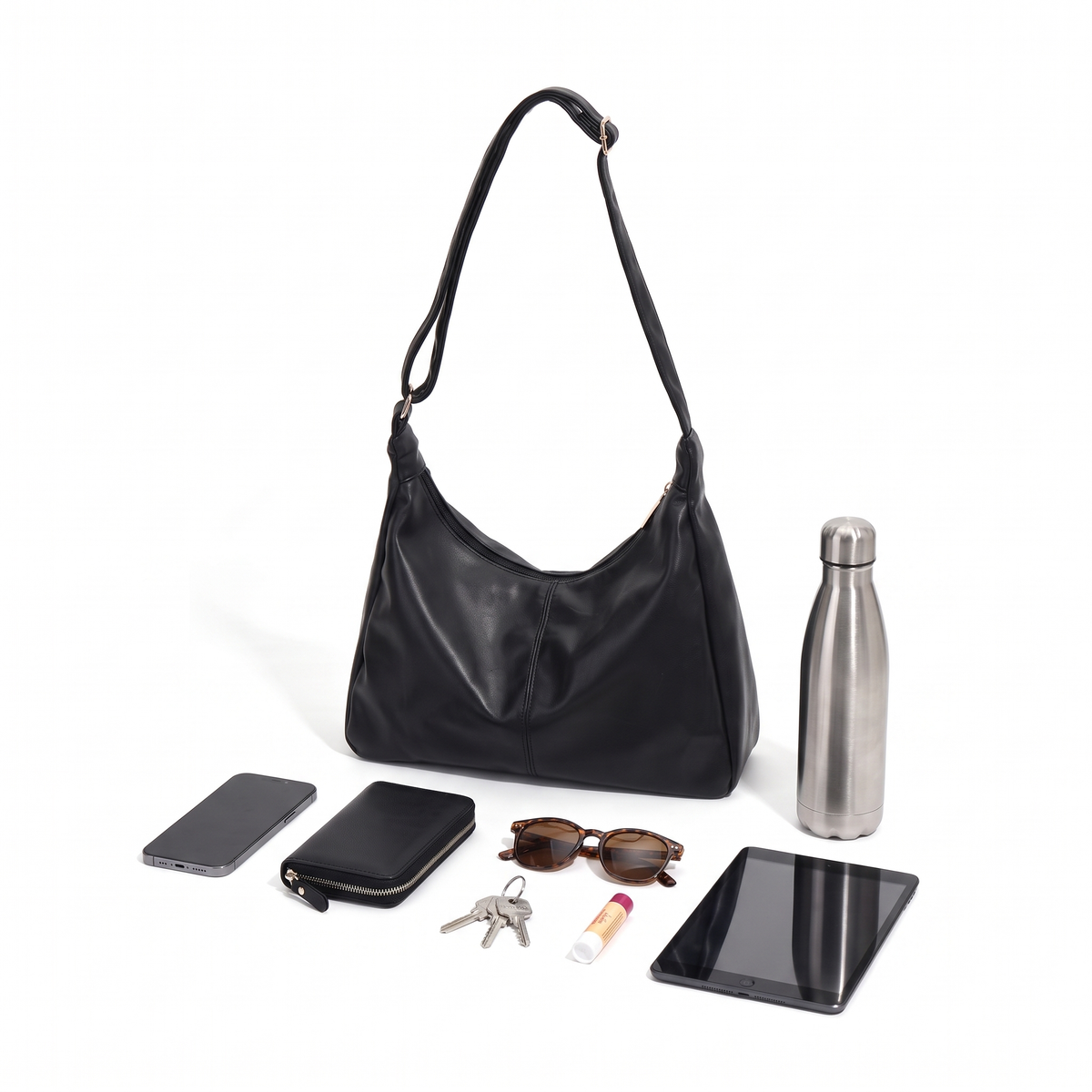 Slouchy Faux Leather Hobo Bag for Women, Black Everyday Casual Shoulder Bag