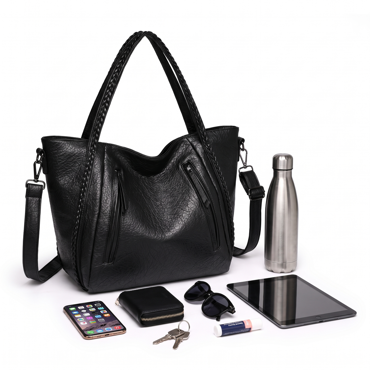 Slouchy Faux Leather Tote Bag for Women, Black Plaited Handle Shoulder Tote