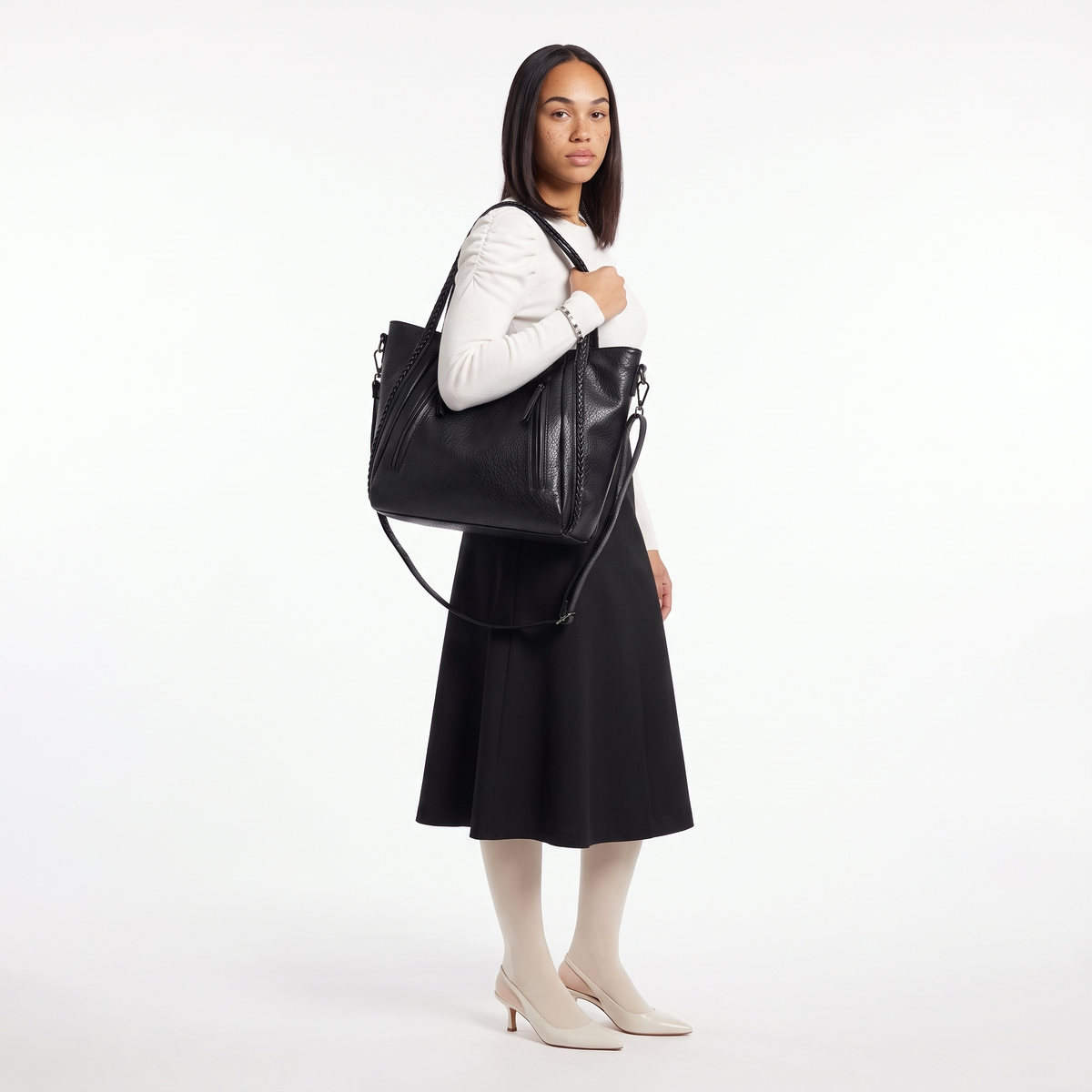 Slouchy Faux Leather Tote Bag for Women, Black Plaited Handle Shoulder Tote