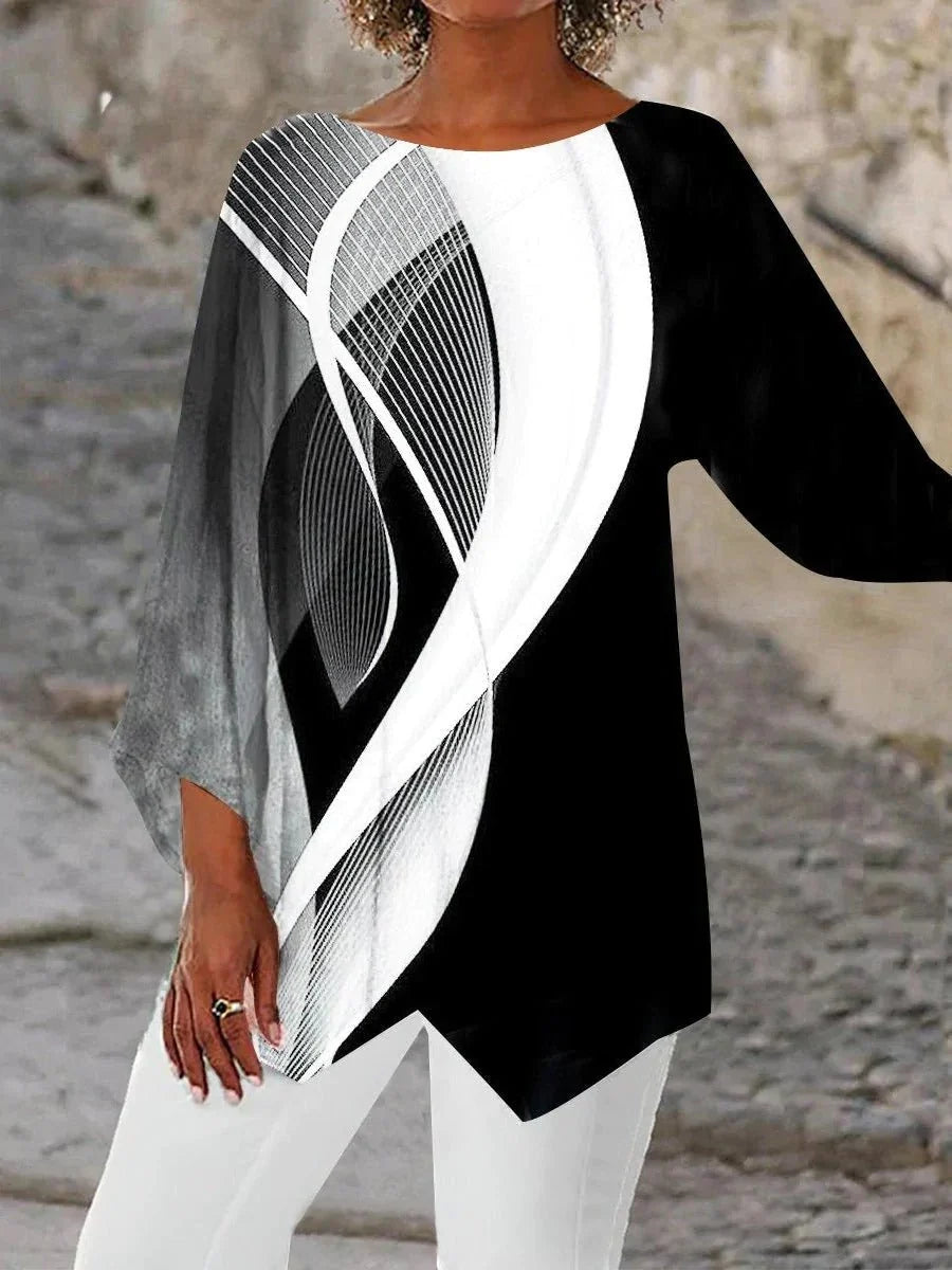 Women's Tunic Top | Asymmetric Black and White Geometric Print