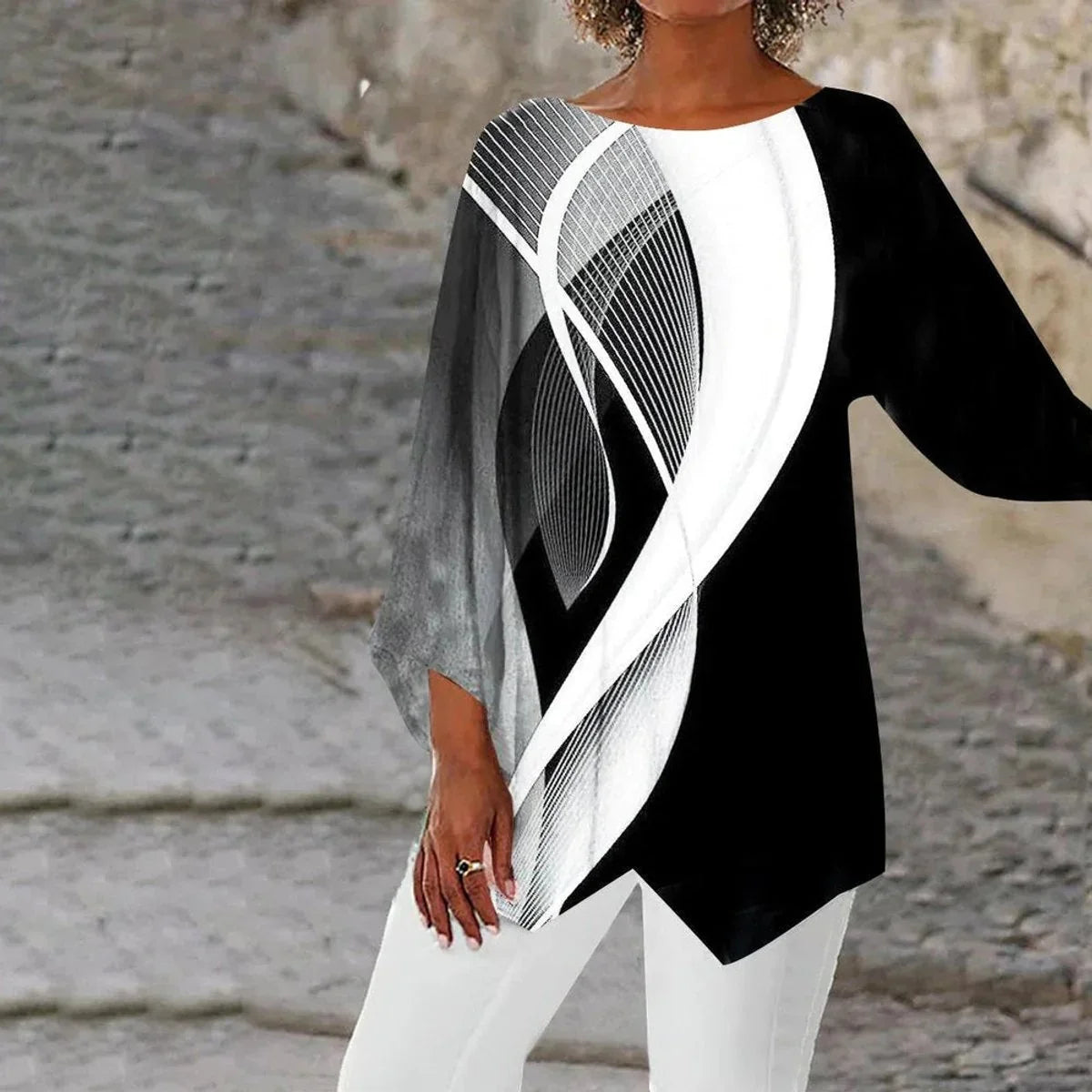 Women's Tunic Top | Asymmetric Black and White Geometric Print