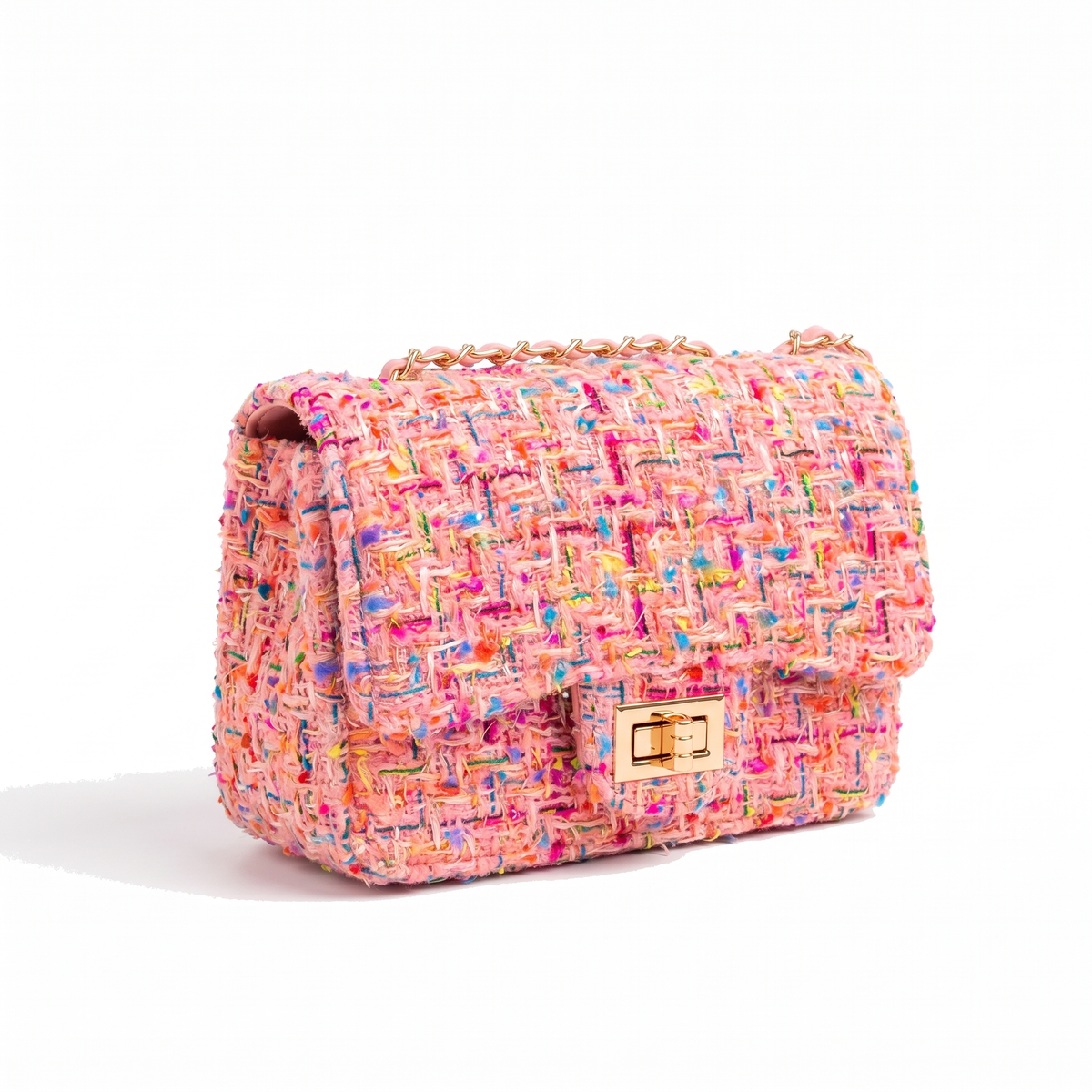 Tweed Chain Shoulder Bag for Women, Pink Evening Bag