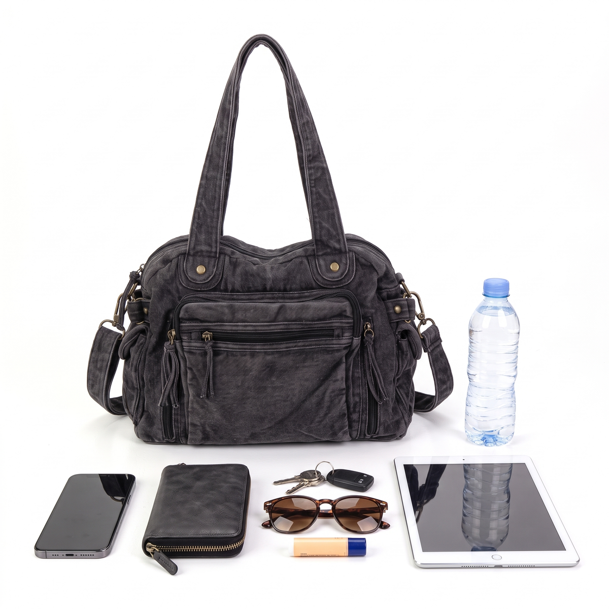 Washed Denim Shoulder Bag for Women, Washed Black Y2K Multi Pocket Bag