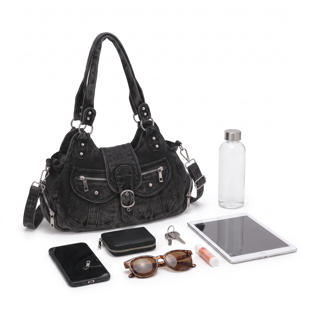 Washed Denim Shoulder Bag for Women, Washed Black Y2K Studded Moto Bag
