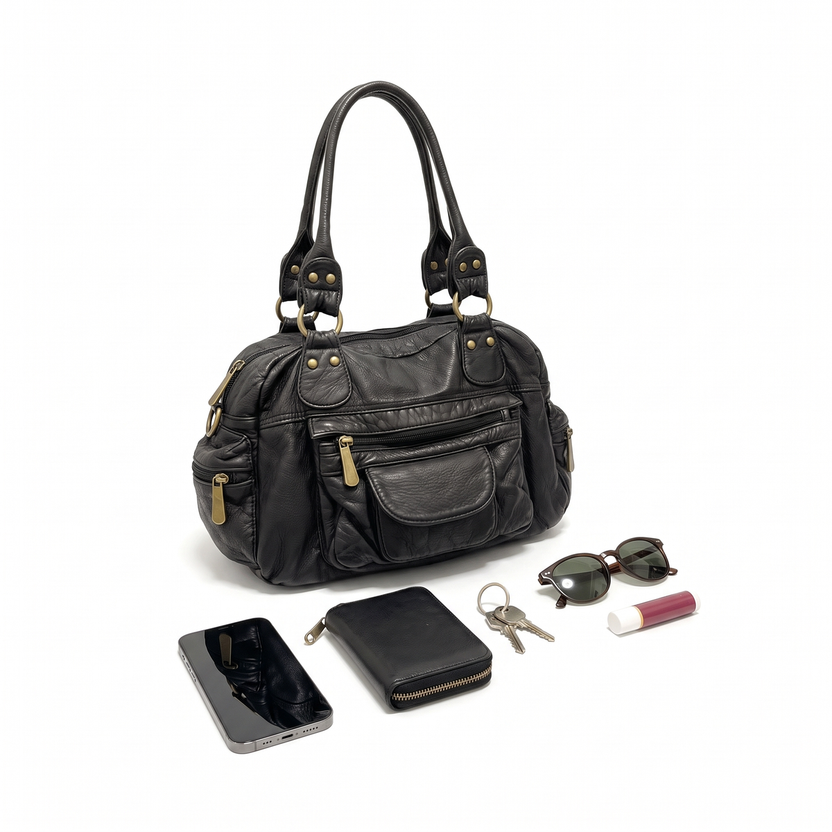 Washed Faux Leather Bowling Bag for Women, Black Y2K Top Handle Handbag