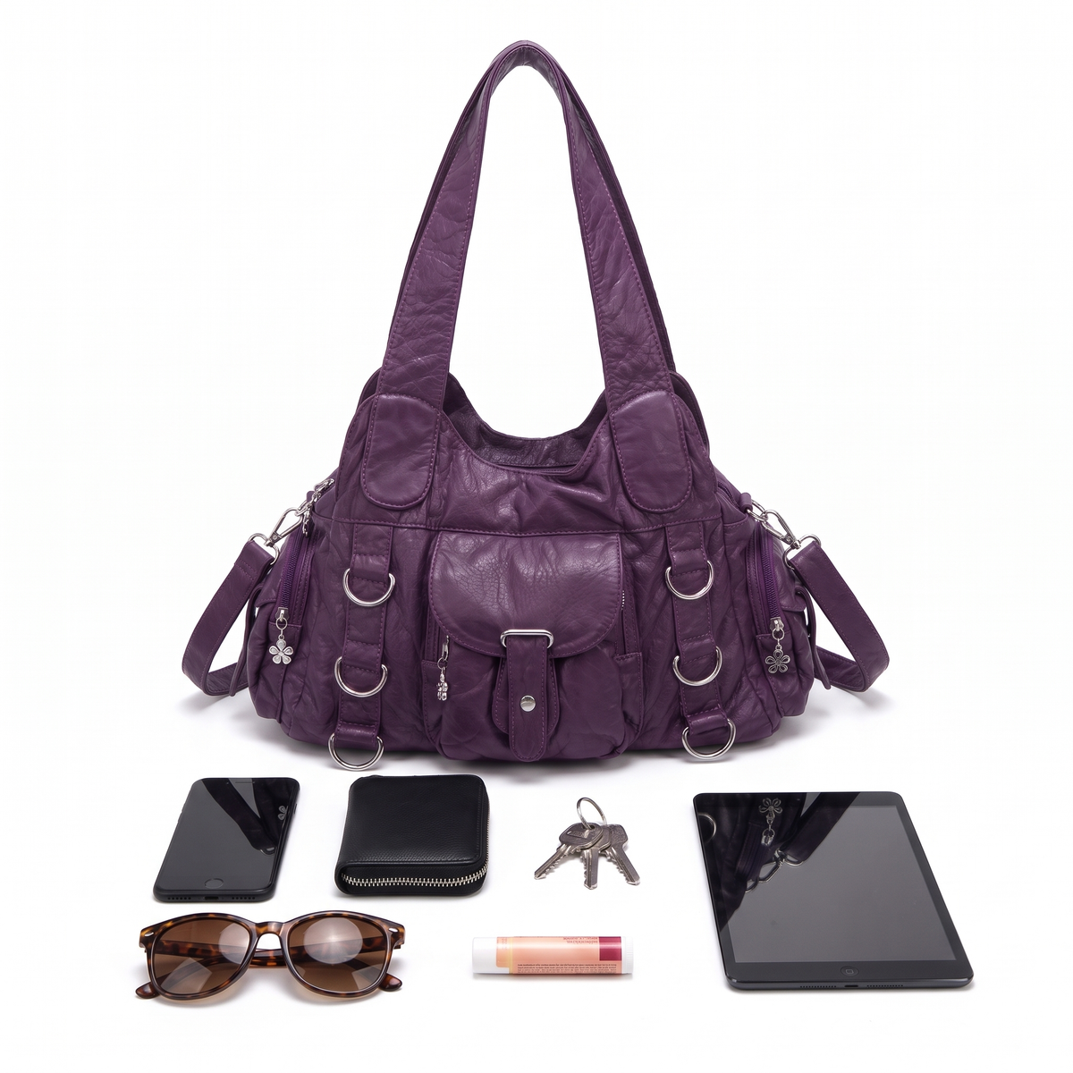 Washed Faux Leather Hobo Bag for Women, Purple Y2K D-Ring Shoulder Bag