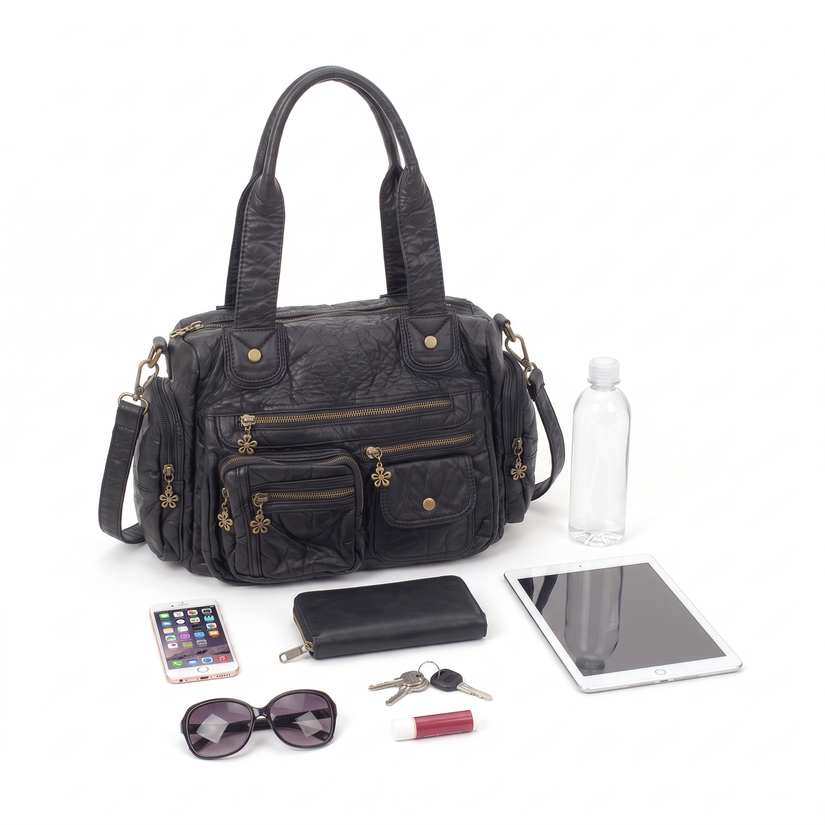 Washed Faux Leather Multi Pocket Shoulder Bag for Women, Black Y2K Bag