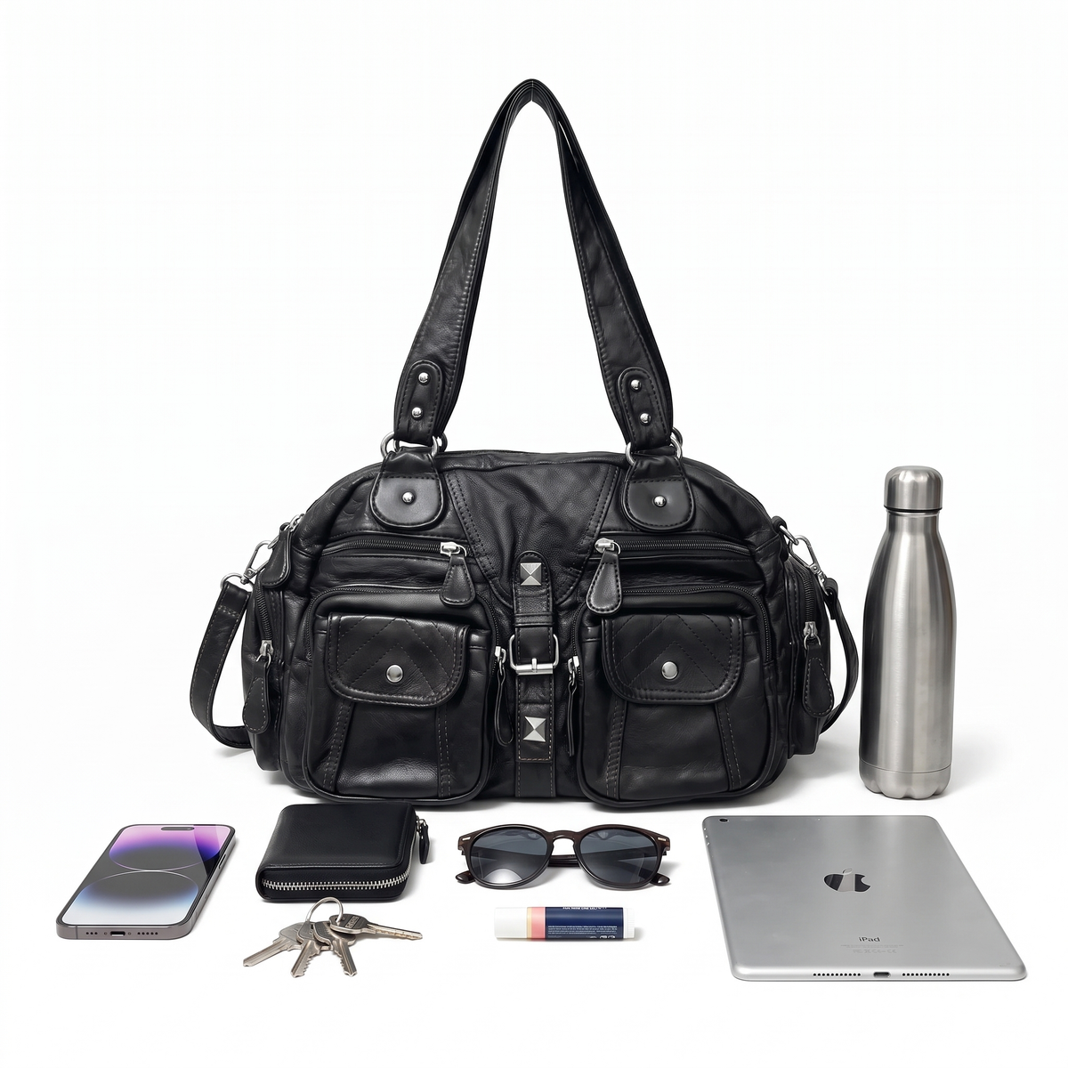 Washed Faux Leather Pocket Shoulder Bag for Women, Black Y2K Studded Bag