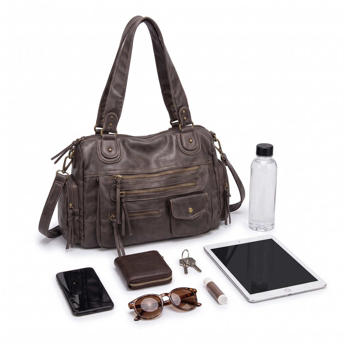 Washed Faux Leather Zip Pocket Shoulder Bag for Women, Taupe Y2K Bag