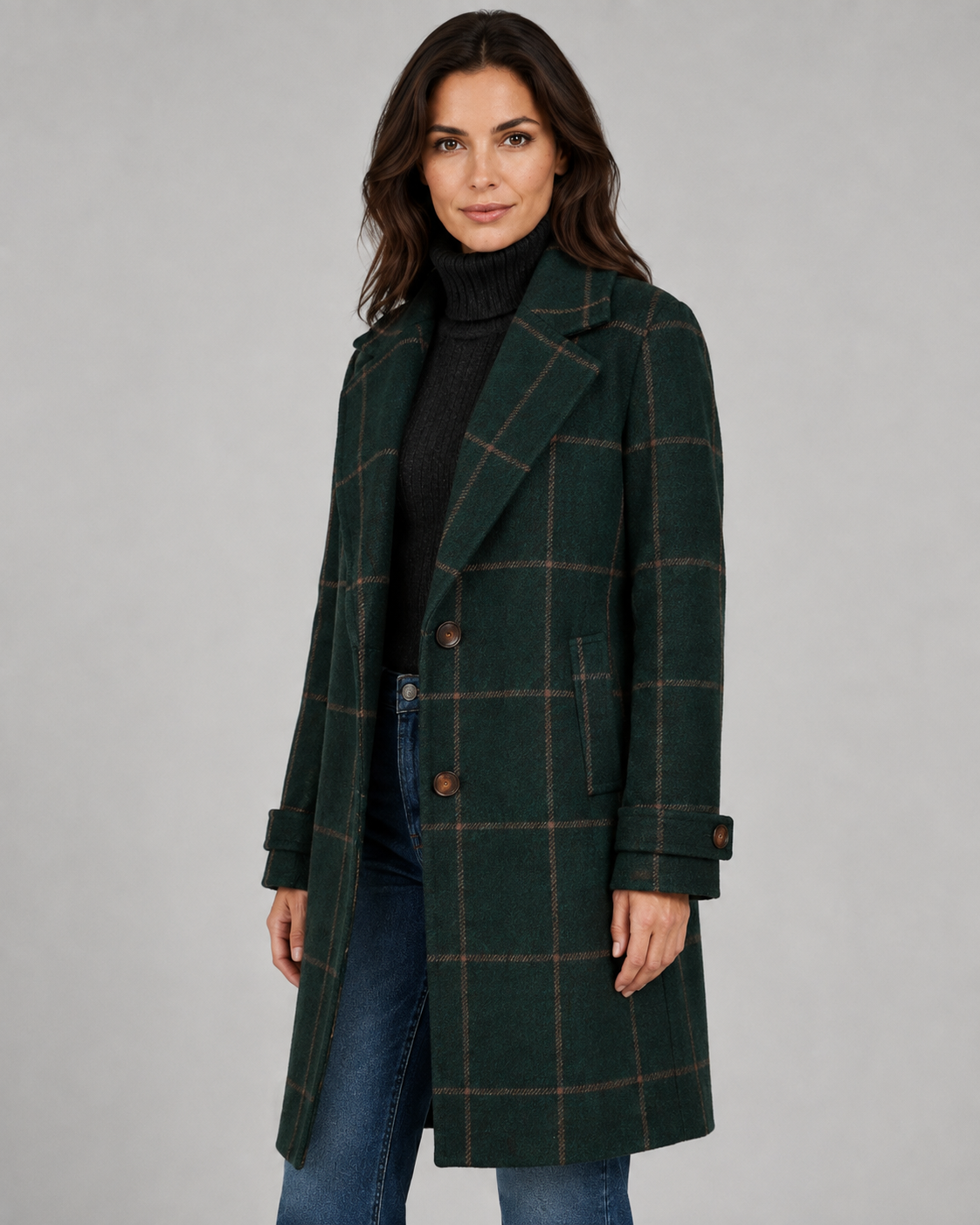 Women's Tailored Long Coat – Windowpane Check