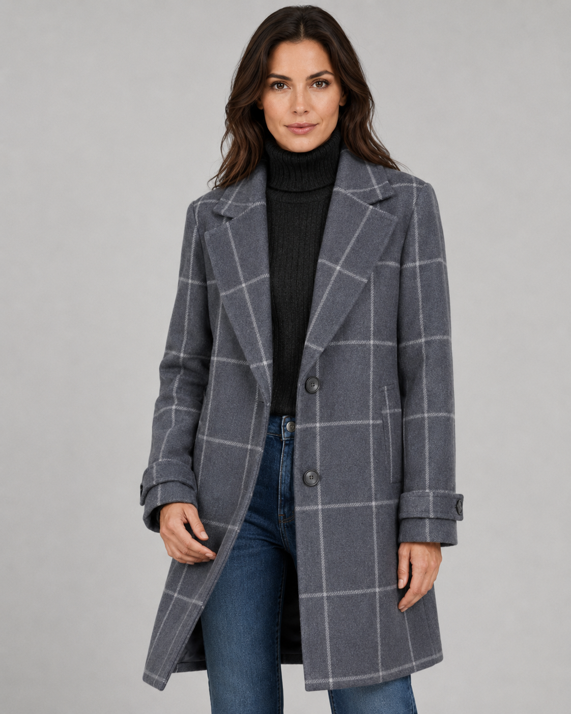 Women's Tailored Long Coat – Windowpane Check