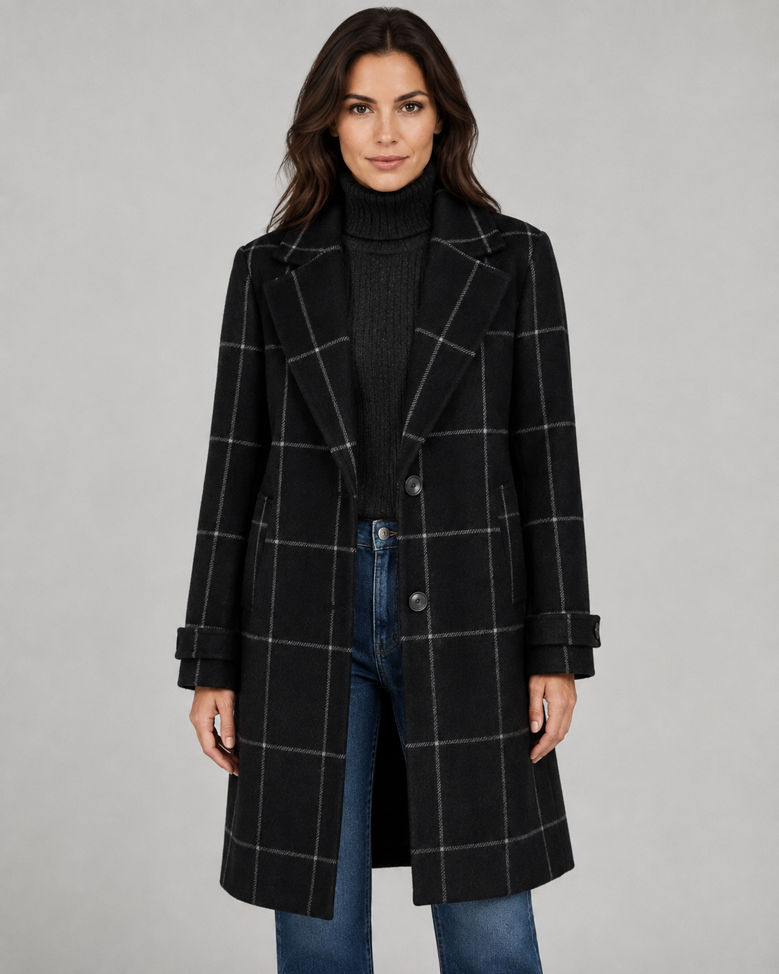 Women's Tailored Long Coat – Windowpane Check