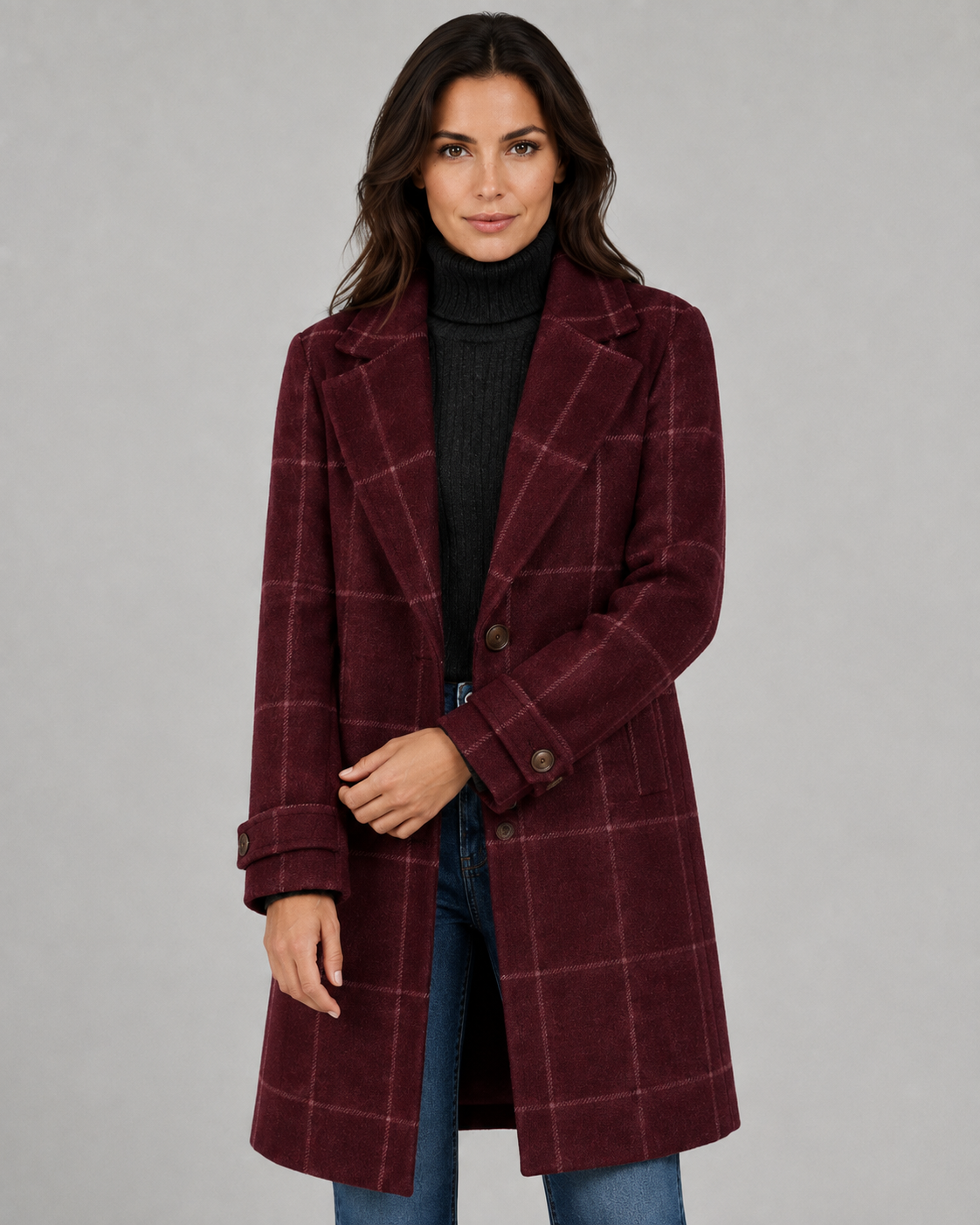Women's Tailored Long Coat – Windowpane Check