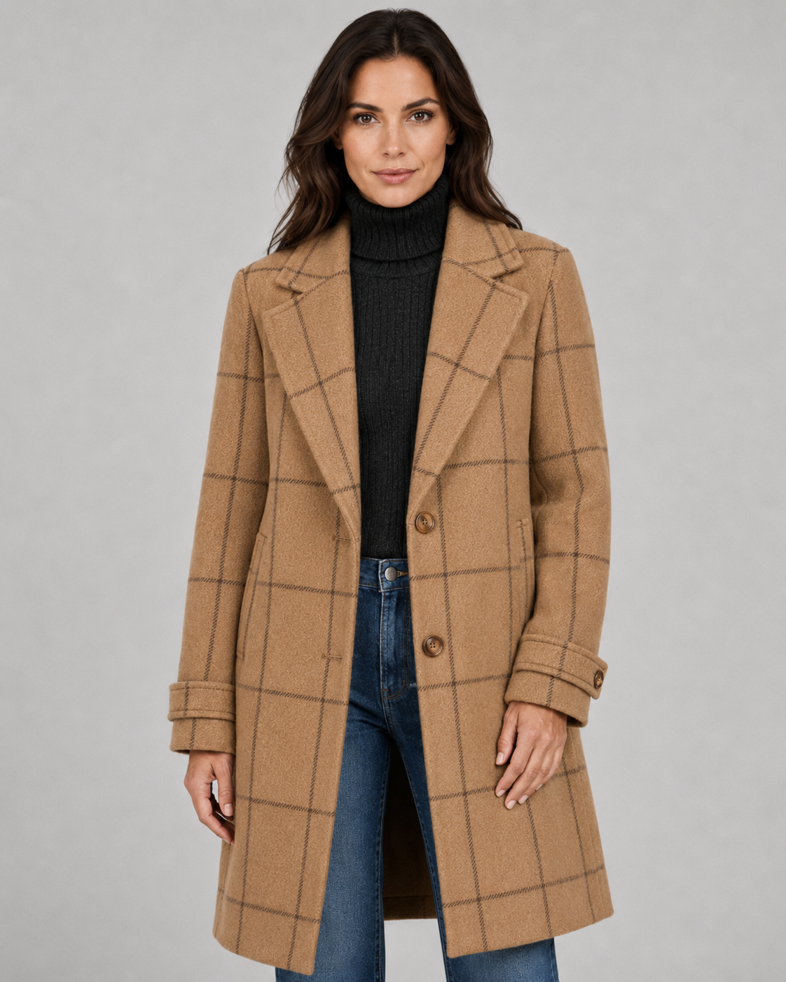 Women's Tailored Long Coat – Windowpane Check