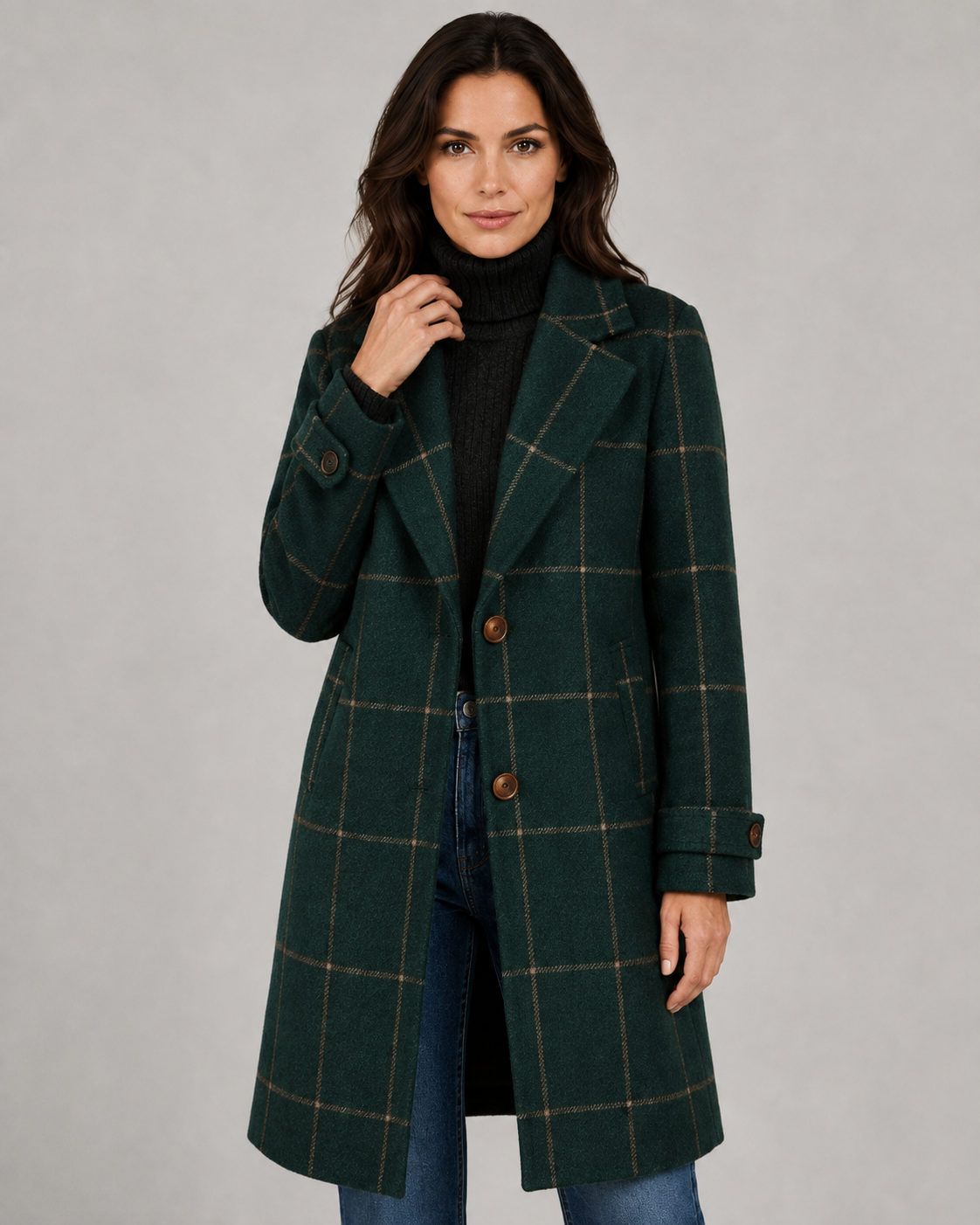 Women's Tailored Long Coat – Windowpane Check