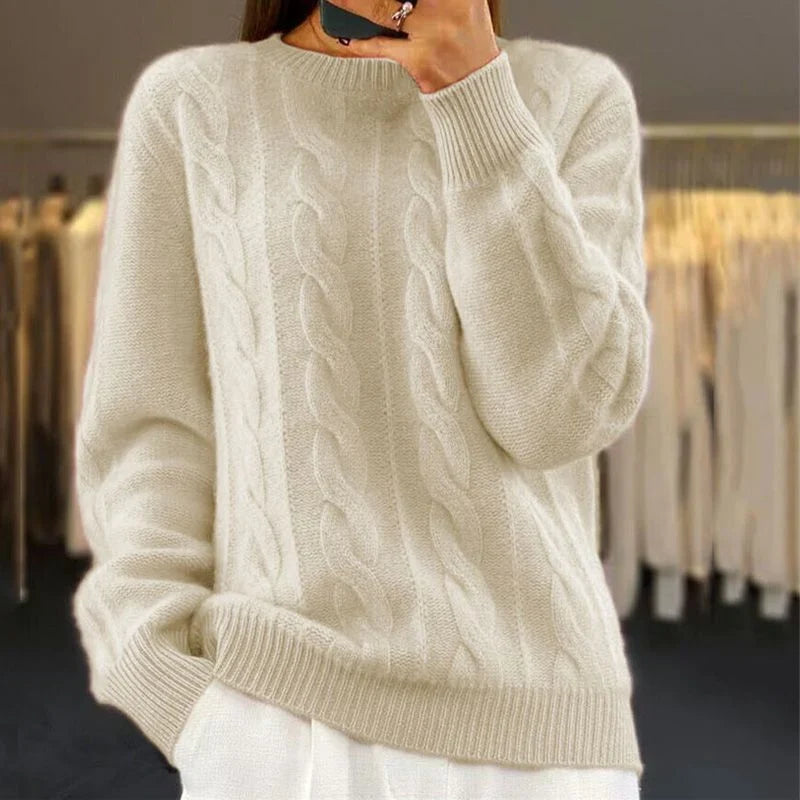 Women's Wool Sweater | Long Sleeve Crewneck Cable Knit