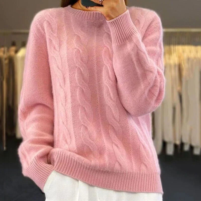 Women's Wool Sweater | Long Sleeve Crewneck Cable Knit