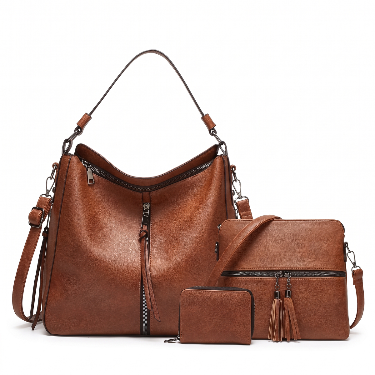 3-Piece Handbag and Purse Set, Cognac Brown Hobo Shoulder Bag with Crossbody Bag and Wallet – Gift Set for Her