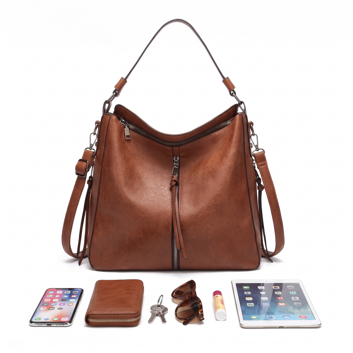 3-Piece Handbag and Purse Set, Cognac Brown Hobo Shoulder Bag with Crossbody Bag and Wallet – Gift Set for Her